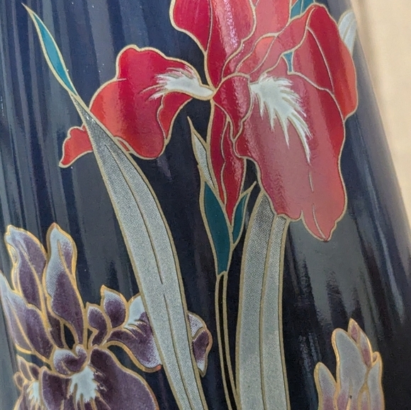 Vintage Japan 10.5" Navy Blue Vase Floral Iris Gold Trim by Fine China - Picture 4 of 7